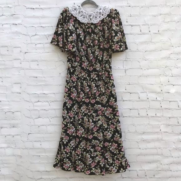 Vintage 1990's Black Floral Maxi Dress Lace Collar - Picture 3 of 8